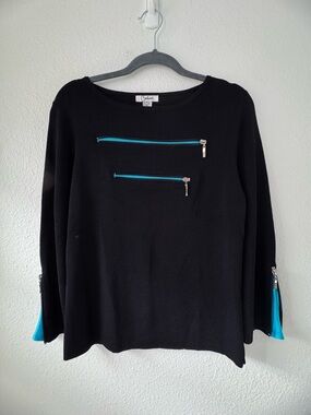 Carducci Black Knit Top with Turquoise & Zipper Accents Long Sleeve Large
